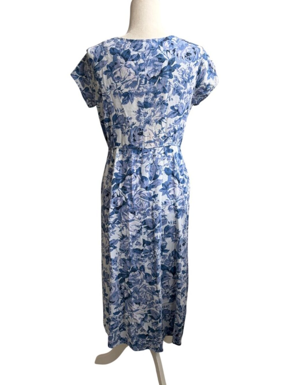 Vintage Linen Button Front Floral Rose Blue Midi Dress Cottagecore Size Medium - Picture 4 of 4
